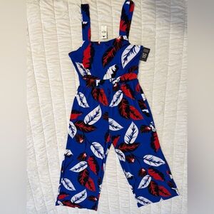 Express Royal Blue Jumpsuit with Red & White Leaf Print